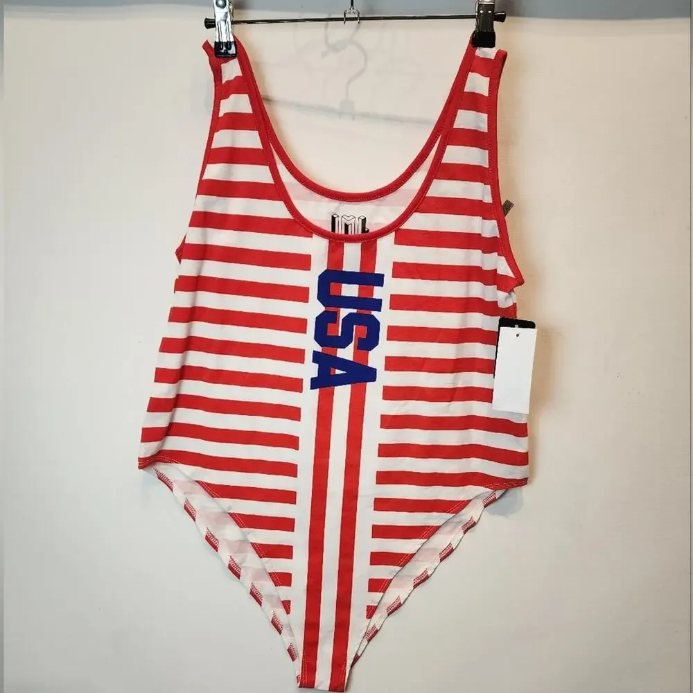 New Red & White One Piece Swimsuit Tank‎ USA Striped Bathing Suit Size XXL